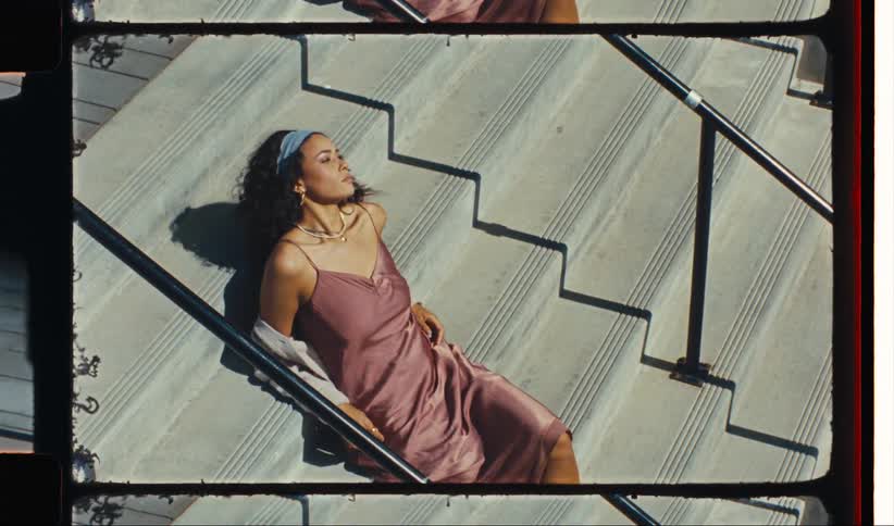 Fashion model poses on building steps on a sunny day