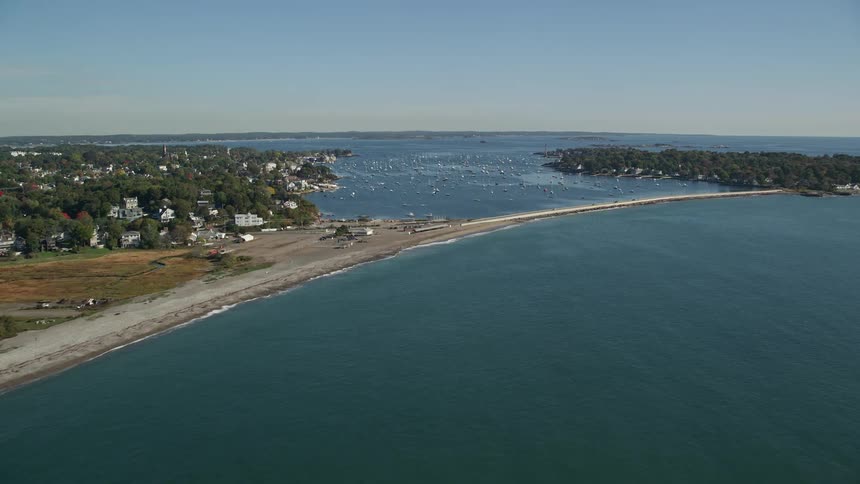Skyline of coastal city with crowded marina during summer