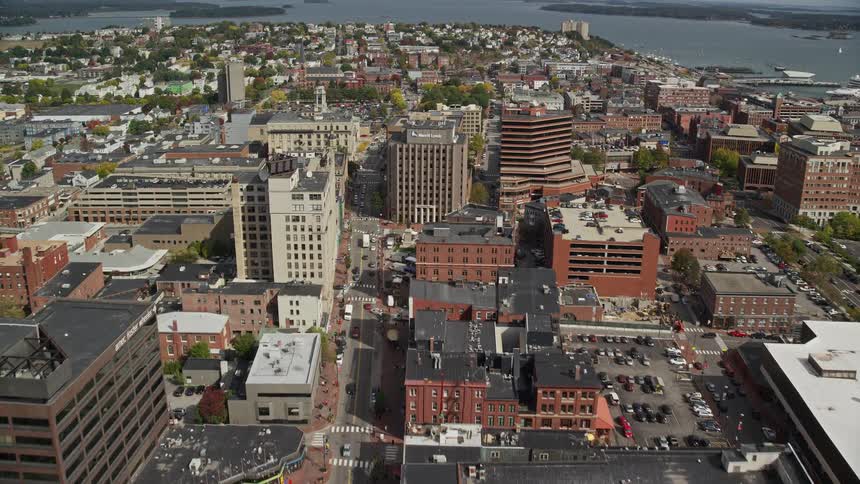 Aerial view of a small coastal city