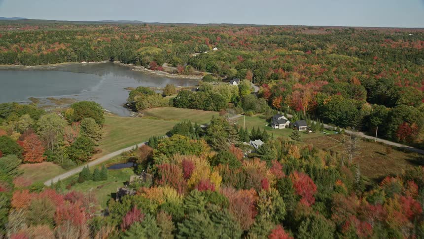 Aerial panorama of small houses amidst forests and rural areas