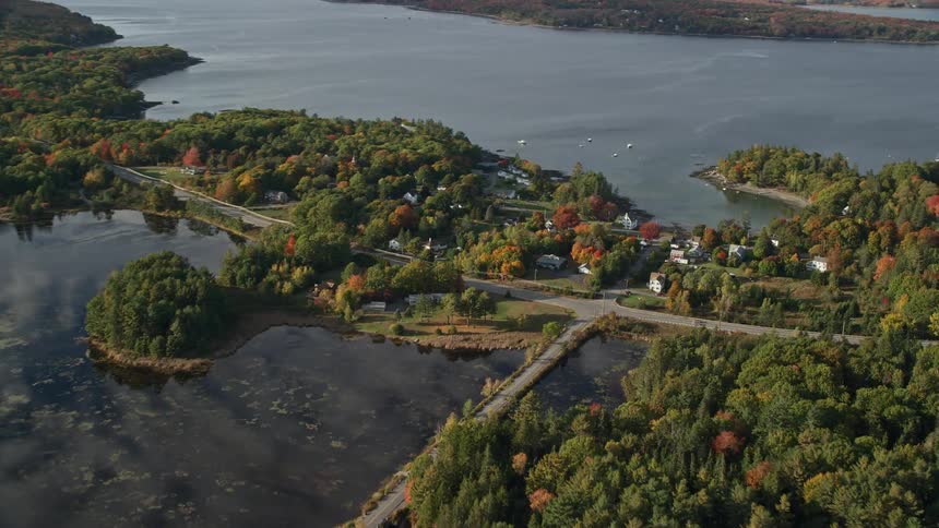 Aerial of an intersection in a rural coastal town