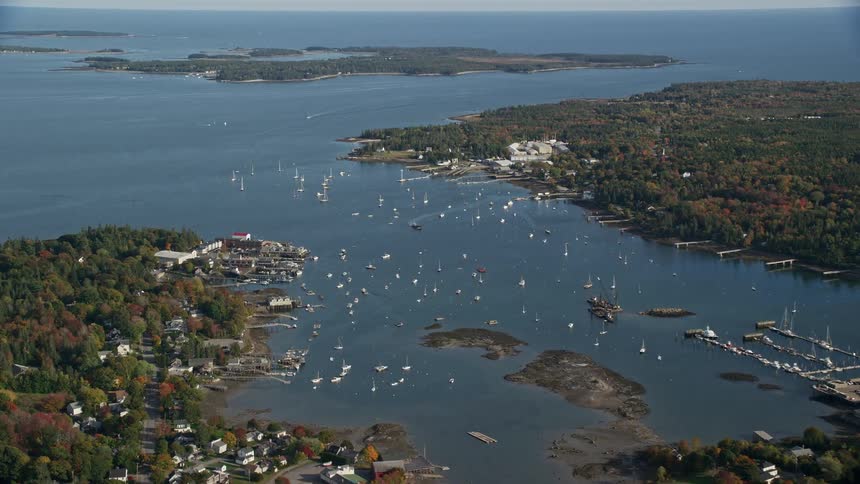 Aerial of the port in the small town surrounded by forest