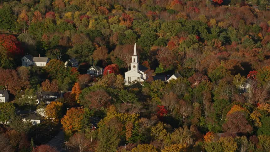 Aerial view of a church in a rural town