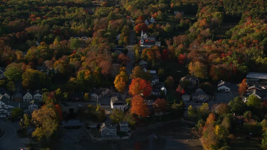 Aerial view of a small seaside town with spring trees
