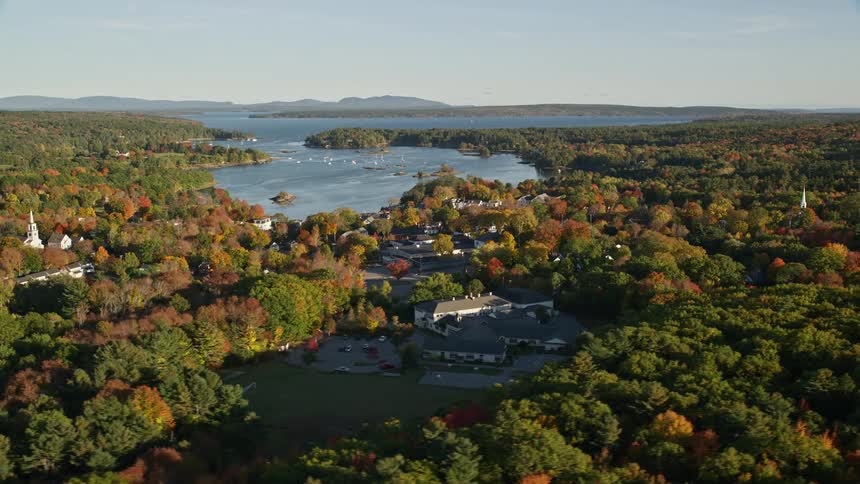 Aerial panorama of houses by the sea and amidst forests