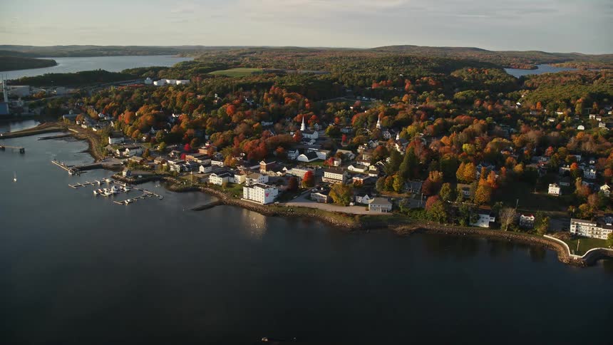 Aerial view of waterfront houses surrounded by brown trees in a coastal town