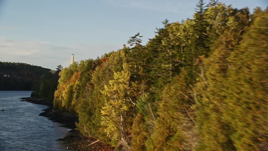 Panorama of the river by the edge of forests with bridges on the horizon