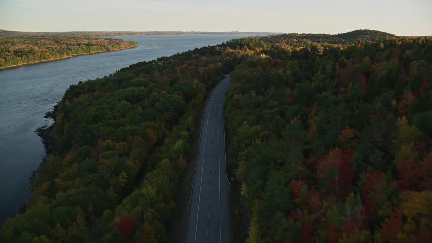 Road winds through trees in fall color near river
