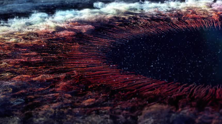 Clouds and particles float into a giant iris