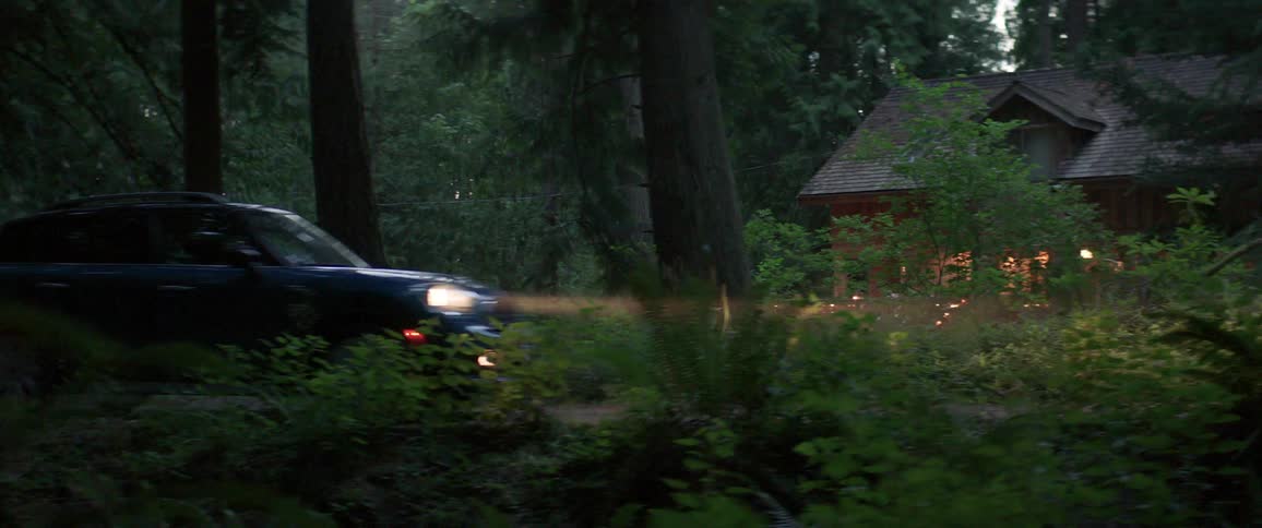 Dark blue car driving on countryroad near the cabin in the woods
