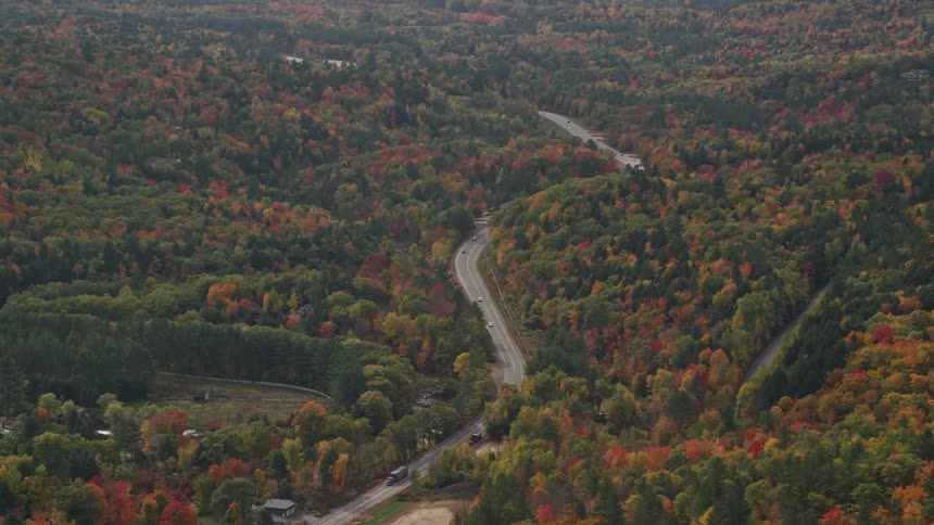 An aerial panorama of a highway amidst coniferous forests