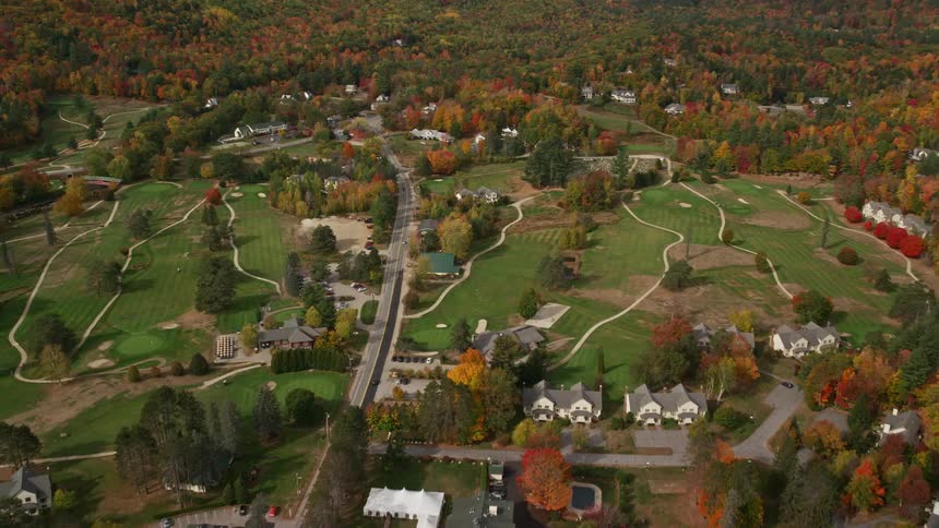 A rural town surrounded with some houses by forests of trees
