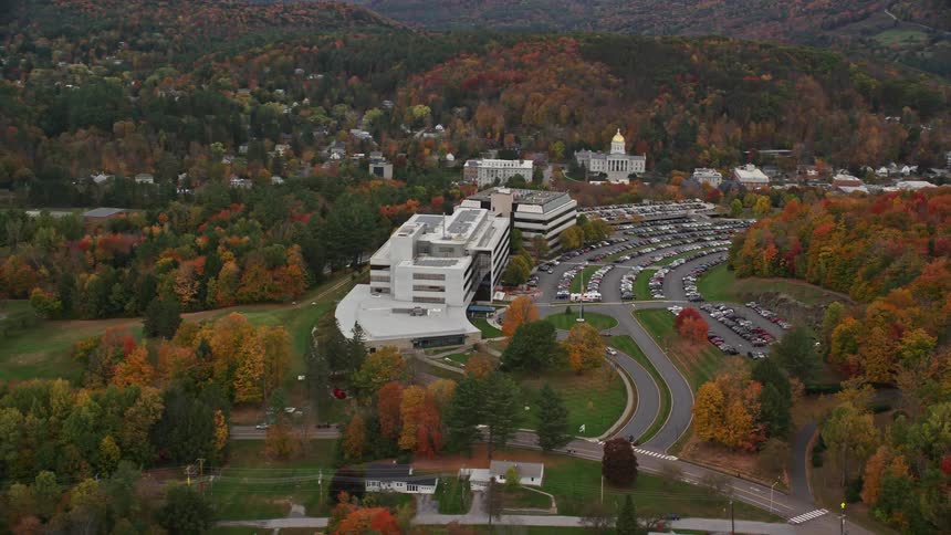 Aerial view of a modern building on a rural town