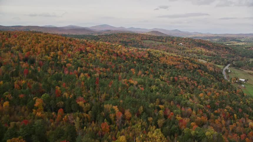 An aerial panorama of a landscape with mountains and slopes covered in colorful trees