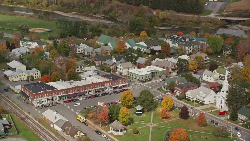 Aerial of a small town with a courtyard during autumn