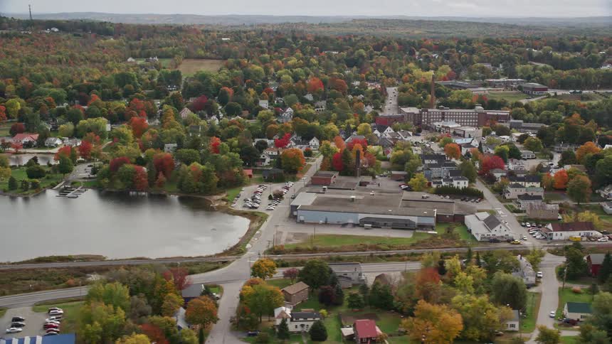 A rural town with small houses and lots of trees and a lake nearby