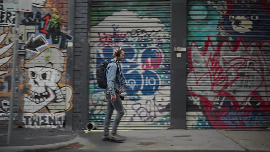 Man with backpack walks on the city streets