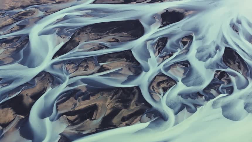 Aerial view of iceland glacier rivers