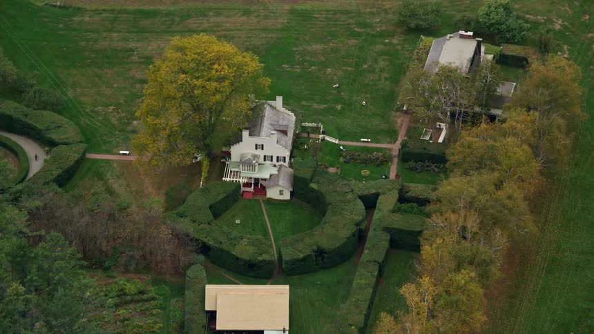Aerial of a country house in a rural town