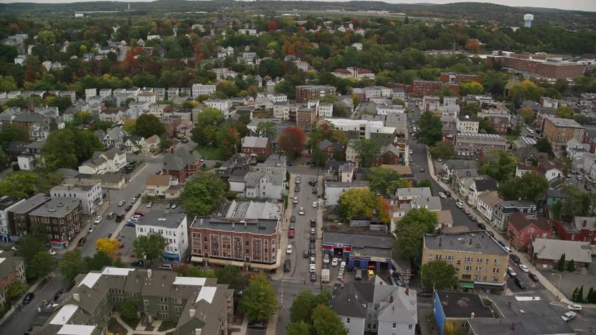 Aerial of buildings with trees cars on the roads in a metropolis at midday