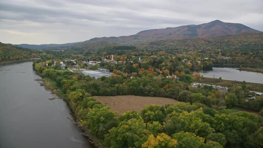 Aerial view of a residential neighborhood by the river with abundant vegetation