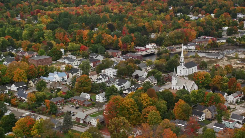 Aerial view of suburban neighborhood fall landscape