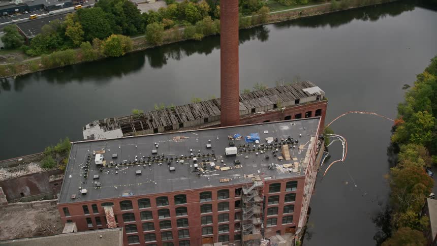 Apartment buildings line the river