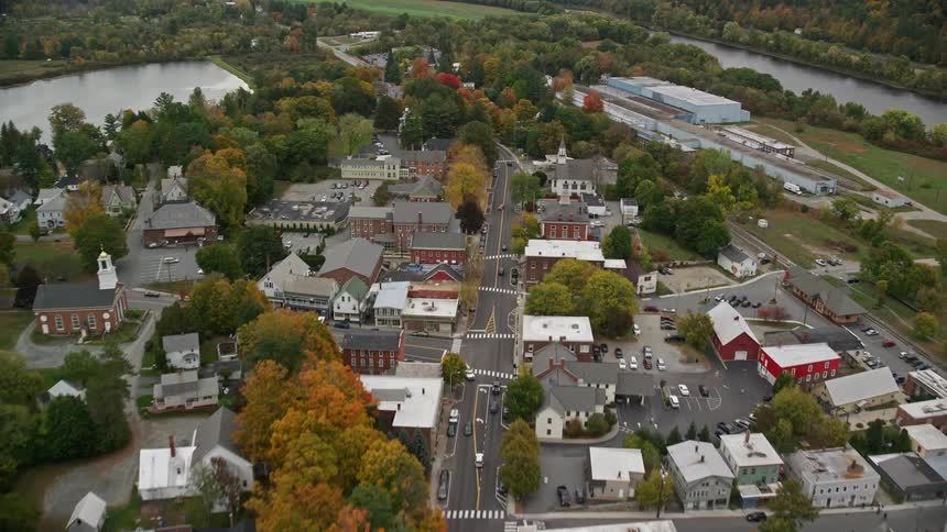 Aerial view ofhighway through small town fall landscape