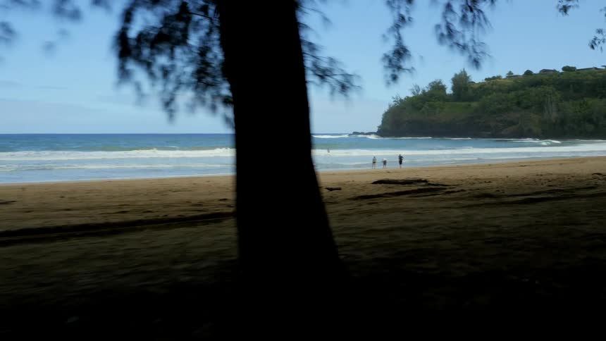 People walk along shoreline in the sand and water