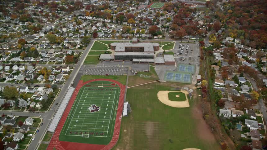 Aerial of sports fields in a residential neighborhood