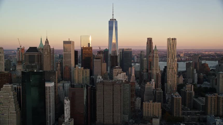 New york city skyline one world trade center aerial view at dusk