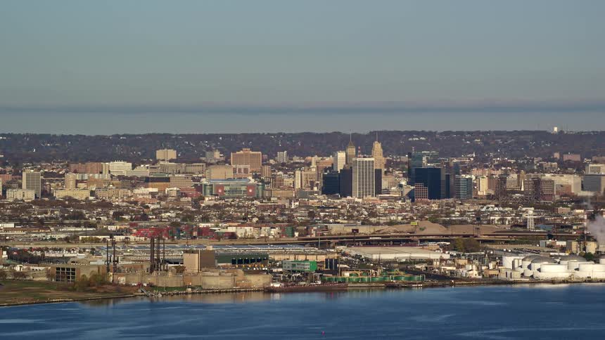 Aerial view of coastal city near the sea