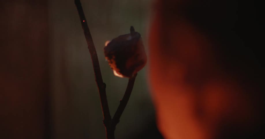 A person blows out a burning marshmallow