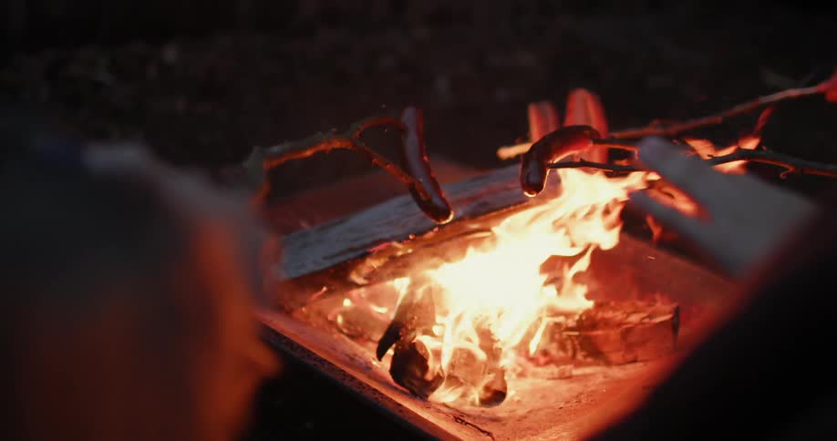 People are cooking food on sticks in a campfire