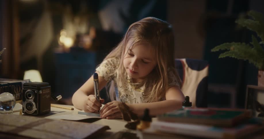A young girl sits at her desk while concentrating on writing with a pen