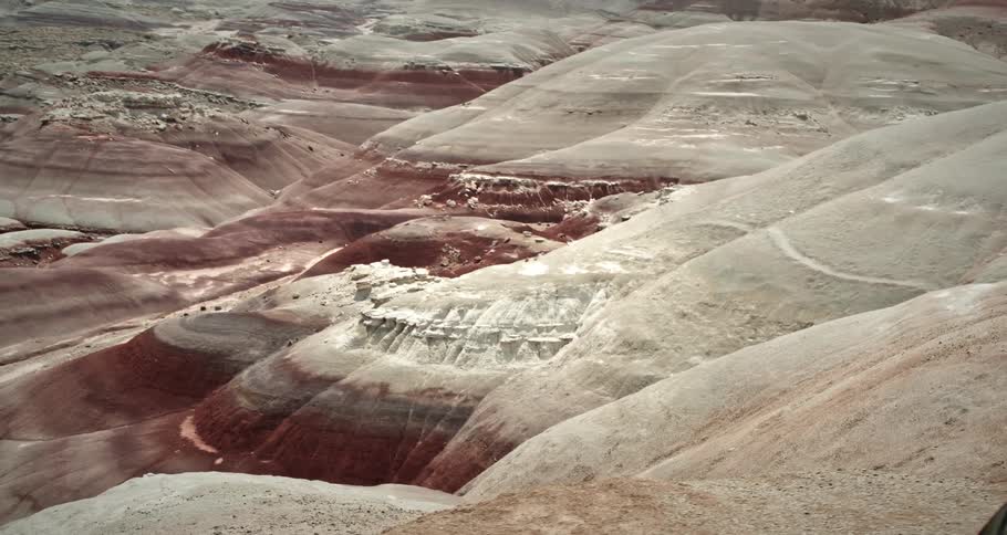 A man stands on a red van overlooking rock layered mountains stretching across the desert