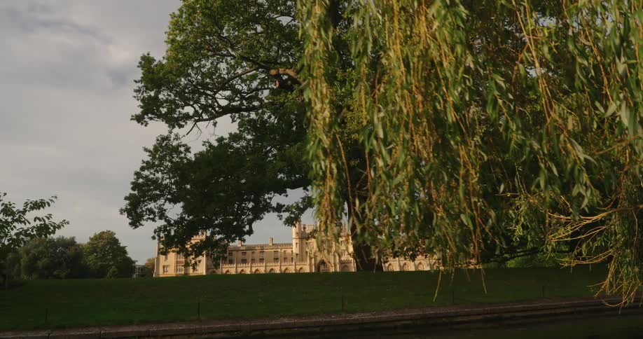 View of a church amidst a long lawn and a lake