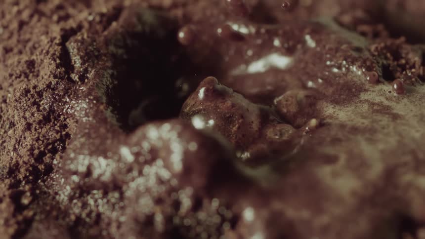 A close up clip of water drop on chocolate beverage