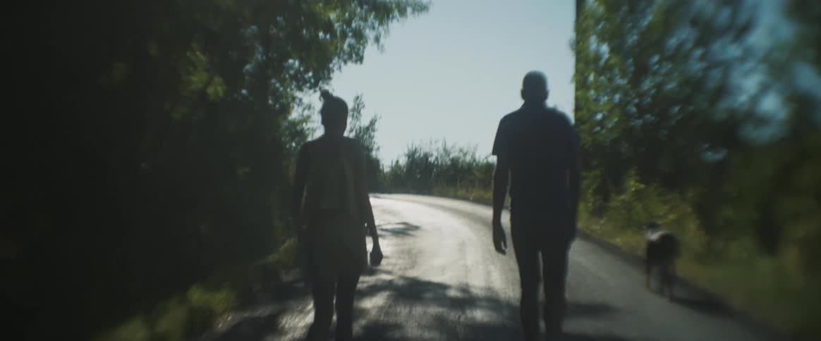 A couple walking outdoors with a dog