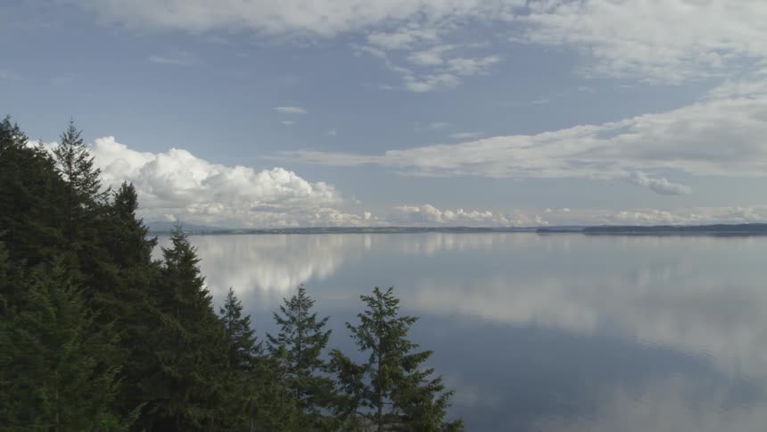 Glassy water landscape coastal forest pullback reveal