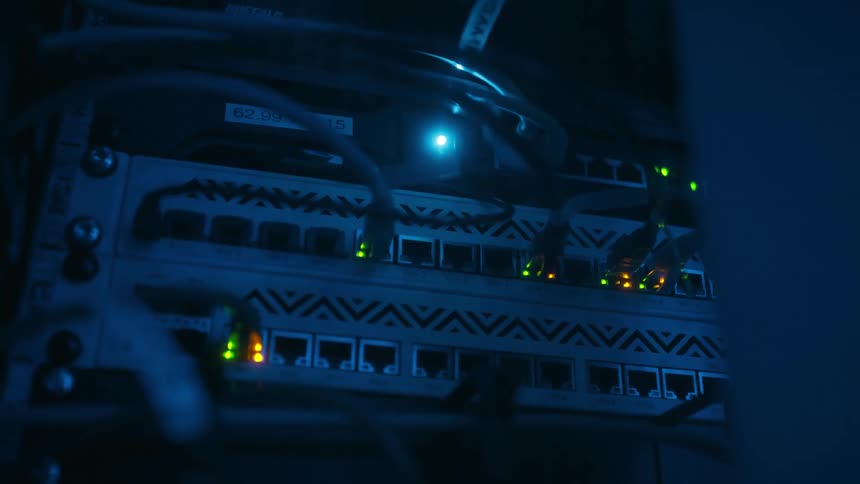 A data center with ethernet ports on display