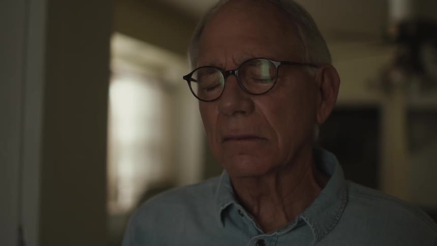 An elderly man with a sad face alone at home