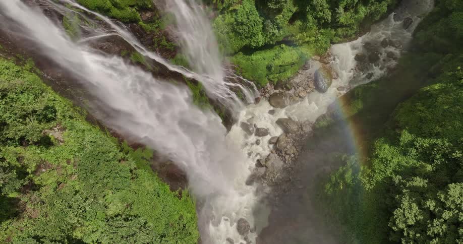 A forest waterfall creating a rainbow