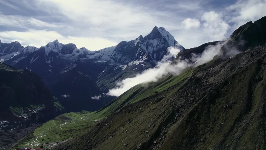 An aerial view of an ice mountain peak