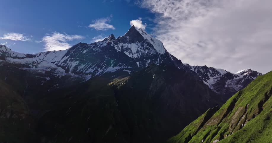 Aerial panorama of a mountain range with peaks and snow
