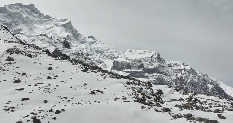 Man walking through snowcovered mountains