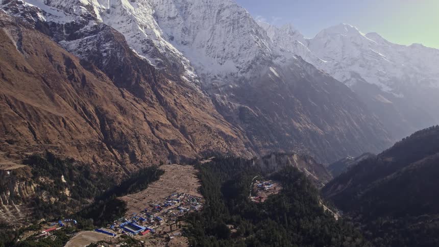 A village at the base of a region with many very high mountains