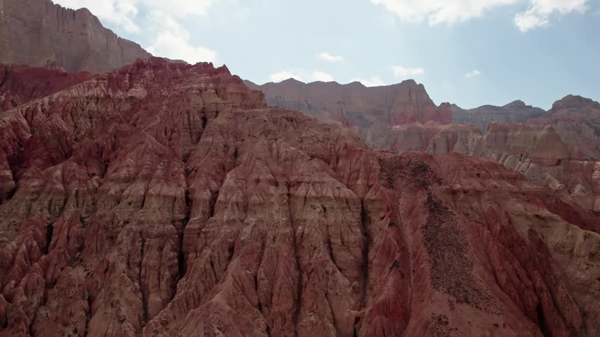 Aerial view of geological peaks with erosion in a mountain range
