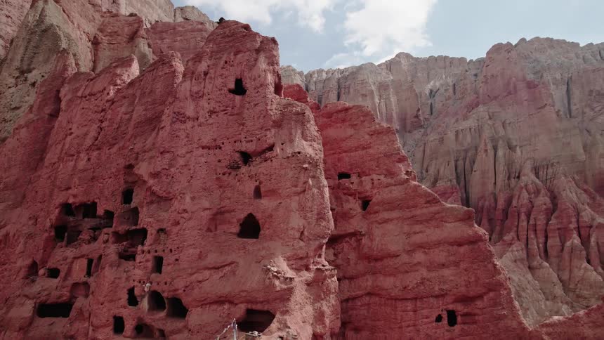 Aerial of pink rock formations during the day