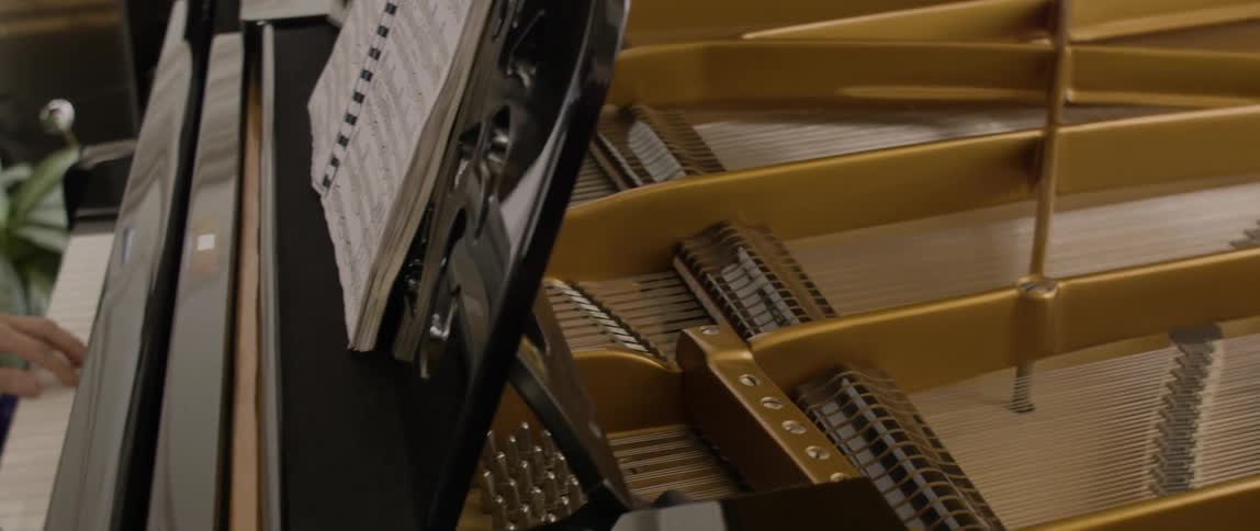 A person plays the piano making the cords inside move